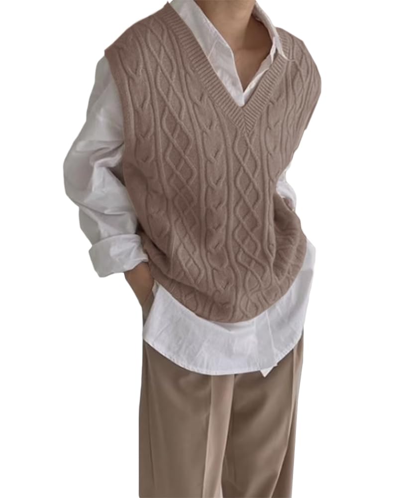 Tongmingyun Pull sans manches pour femme - Col en V - Gilet en tricot surdimensionné - Pull en tricot décontracté - Pour femme - Automne - Mode tricot fin