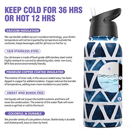 Stainless Steel Insulated Water Bottle, THILY Triple Insulated 945 ml Leakproof Wide Mouth Thermo Mug with 2 Lids and Straws - Image 3