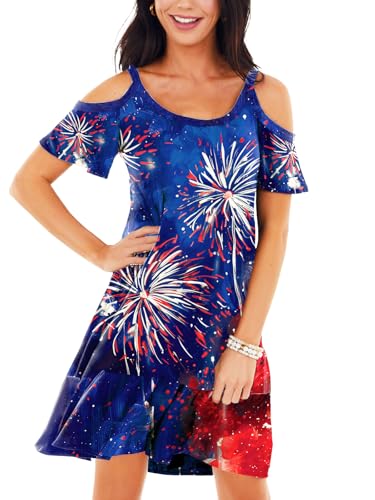 Image of Deerose Womens 4th of July Dresses Cold Shoulder American Flag Tie Dye A-Line Dress with Pockets