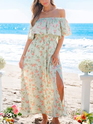 Image of CUPSHE Women Ruffle Floral Maxi Summer Dress Off Shoulder Short Sleeve Backless Flounce Bodice Slit Hem Beach Dresses