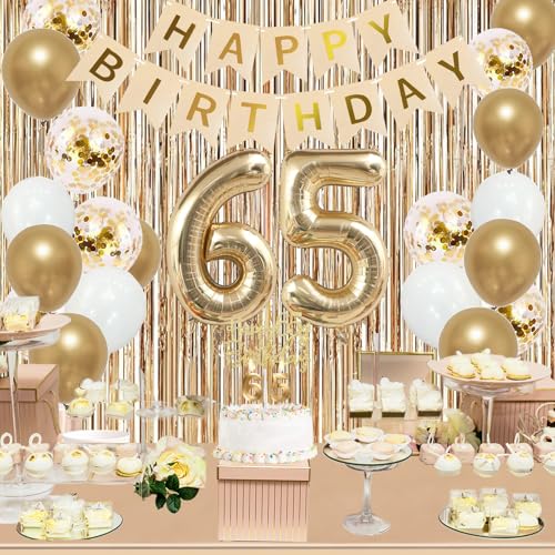 Image of Trgowaul 65th Birthday Decorations for Women, Banner, Sash and Crown, Cake Topper, 65 Number Balloon, Fringe Curtains, Champagne Gold 65th Birthday Party Supplies