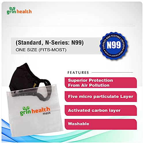 Image of Grin Health N99 Anti Pollution Mask with Acitivated Carbon Without Valve Reusable & Washable, Unisex (Standard Size - Fit Most, Black)