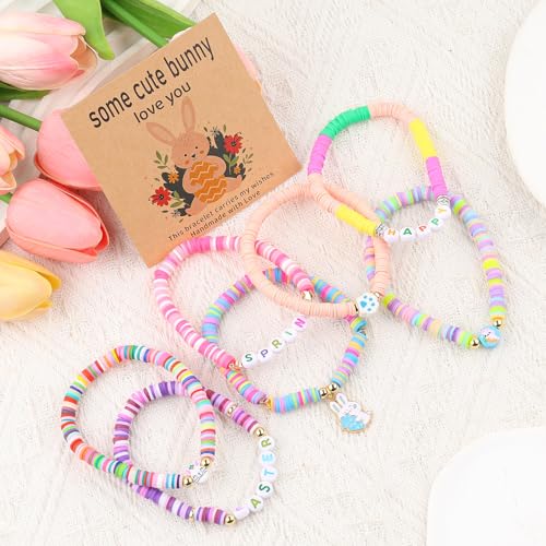 7Pcs Easter Bunny Basket Gifts Bracelet, Easter Gifts for Girls Women Stackable Boho Clay Party Elastic Stretch Bracelets - Image 2