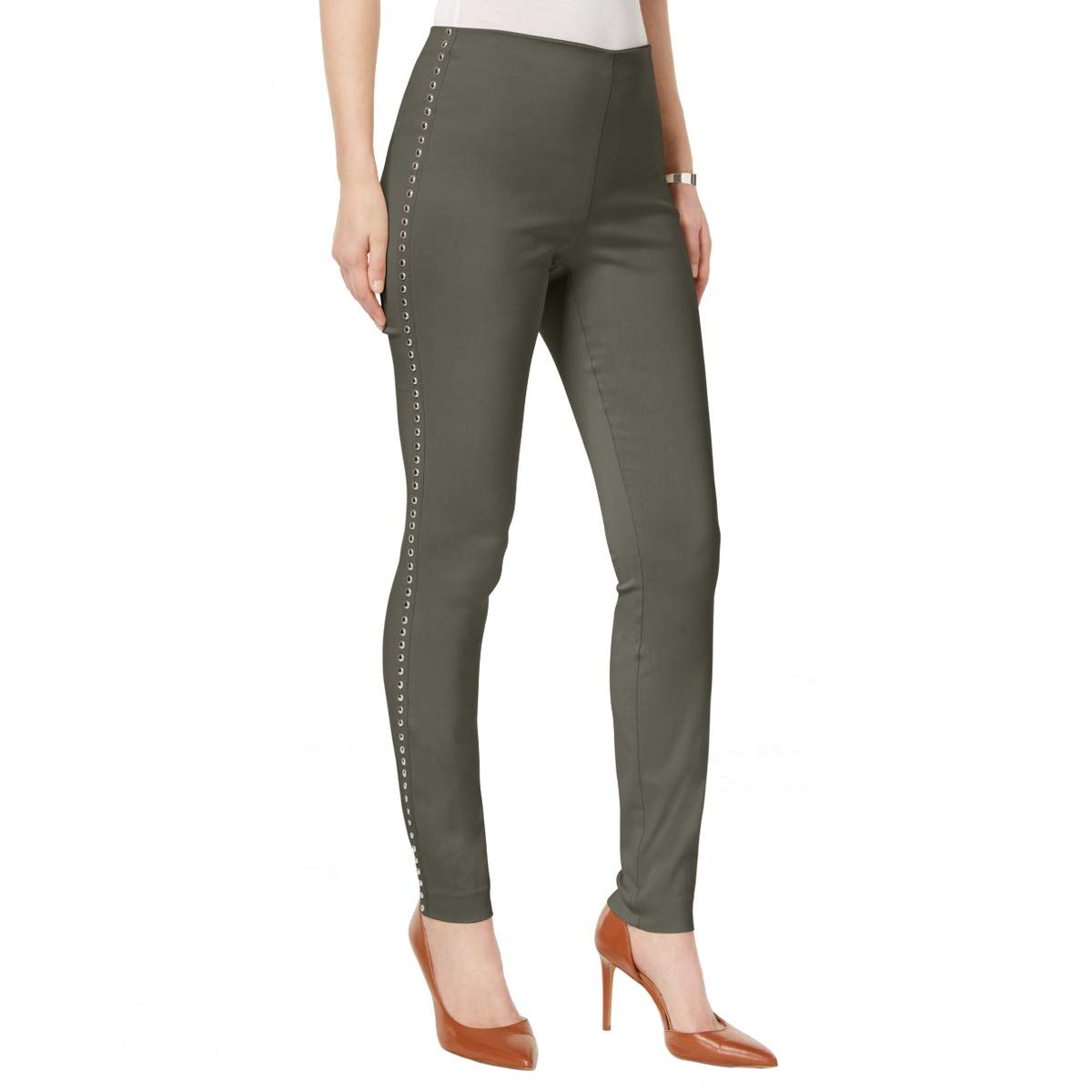 INC International Concepts Curvy-Fit Studded Pull-On Skinny Pants Olive Drab 0