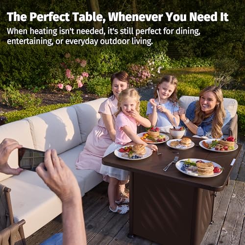 Image of East Oak 28 inch Outdoor Propane Fire Pit Table | 52,000 BTU Gas Fire Pit for 2-4 People with Space-Saving Hock Lid, Mesh Pocket & Lava Rocks | CSA Certified Safe for Patio, Deck, Backyard, Brown