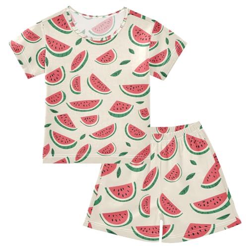 ALAZA Red Green Watermelon Pajamas Set Short Sleeve Cotton Sleepwear Summer Pjs 2 Piece 5-14Y