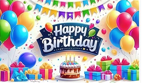 Image of Backdropon Balloon with Cake and Gift Themed Happy Birthday Design Backdrop for Birthday Decoration Traditional /Background Curtain Cloth for Party /Festival Size 5 Feet Height and 8 Feet Width(5 * 8)