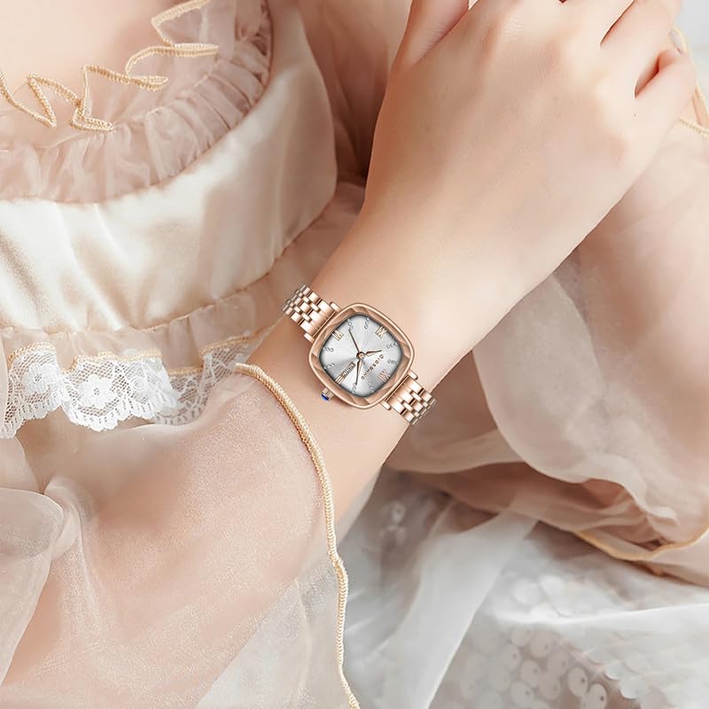 Image of Giordano Elegant Square Rose Gold Watch for Women - Crystal & Roman Hour Markers, Day-Date Display, Stainless Steel Strap