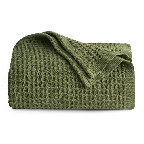 Image of Bedsure 100% Cotton Blanket Twin XL Size for Bed - Waffle Weave Fall Blanket, Lightweight and Breathable Soft Woven Blanket for Summer, Olive Green, 66x90 inches