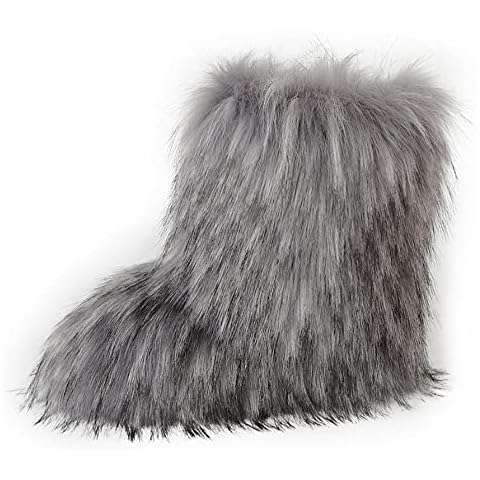 BININBOX Faux Fur Boots for Women Fuzzy Fluffy Furry Round Toe Suede Winter Snow Bootie Flat Shoes Mid-Calf Boots Outdoor Indoor (Light Grey, numeric_5) Cover