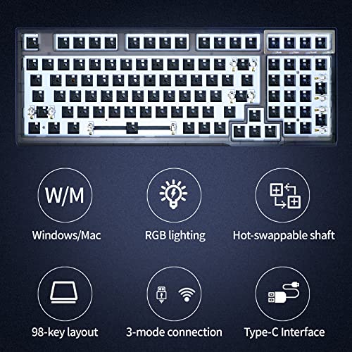 Image of Gk98 RGB Mechanical Keyboard DIY Kit Hot-Swappable Three Mode Wired 2.4g Wireless Custom Keyboard Compatible with Akko, Cherry Mx, Gateron, Kailh Mechanical Axis (Transparent Black)