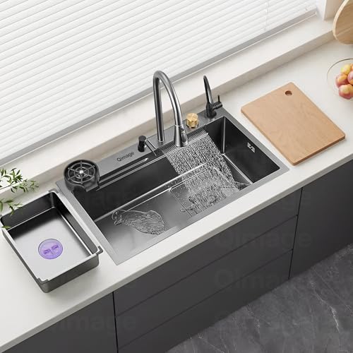 Image of QIMAGE Kitchen Sink 24X18 inch with ANTI SCRATCH HONEYCOMB DESIGN Integrated Waterfall and Pull-down Faucet Set /304 Grade Stainless Steel Sink with Cup washer and Drain Baskets (24X18 INCH)