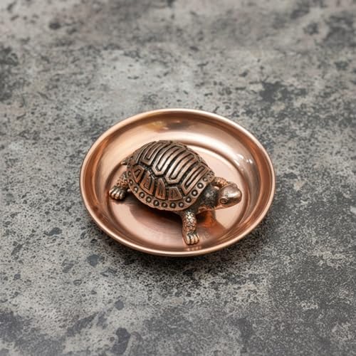 Image of Copper Tortoise Idol for Feng Shui & Vastu | Handmade Lucky Turtle Showpiece for Table Top, Home Temple, Office Desk & Spiritual Gifting (Tortoise with Plate)