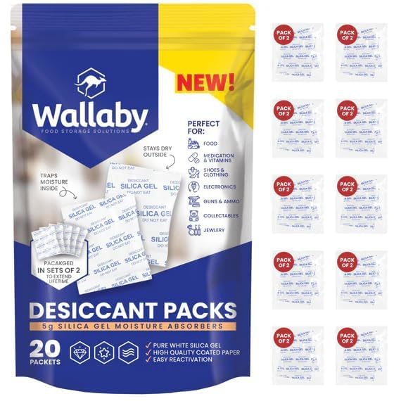 Wallaby Paquetes de deshumidificadores desecantes de gel de sílice blanco puro de 0.18 oz (20 paquetes) - Absorbentes de humedad recargables y