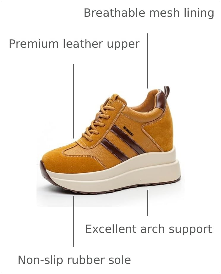 Image of Platform Sneakers for Women High Hidden Heel Wedge Sneakers Fashion Leather Chunky Lace up Wedge Tennis Shoes Increasing 3.94 inch