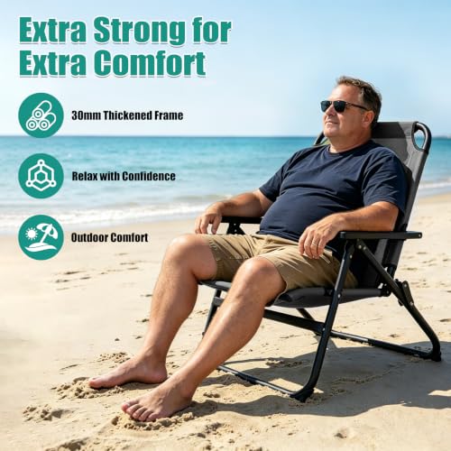 Image of Romswi Heavy Duty Folding Beach Chair with 30mm Aluminum Frame,16 inch High Seat, Lightweight for Beach, Patio & Backyard, Grey