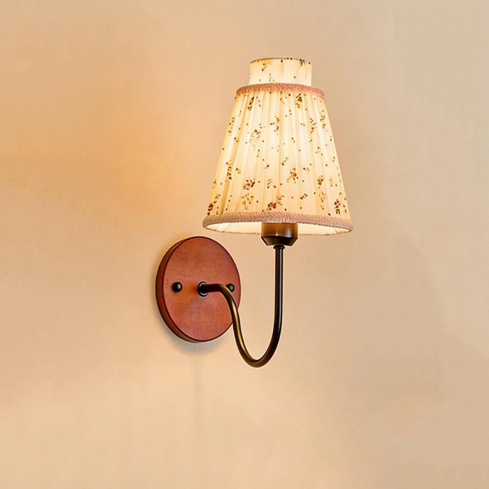 KBUUKYYXouy Vintage Wood Farmhouse Wall Sconce Mid Century Bathroom Vanity Wall Mounted Light Fixture with Pleated Fabric Shade Hardwired Modern Nordic Bedroom Wall Lamp for Living Room Hallway Aisle