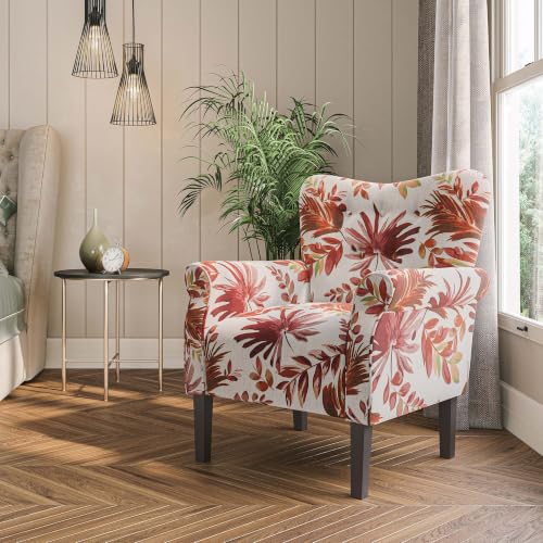 Image of BELLEZE Modern Accent Chair for Living Room, High Back Floral Armchair with Wooden Legs, Upholstered Wingback Side Chair Padded Armrest Single Sofa for Living Room, Bedroom - Allston (Red Floral)
