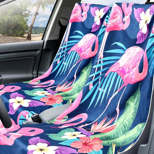 Image of Hahafelt 2 Pack Car Seat Towel Cover with Storage Bag, Flamingos | 63 x 32 in Car Towel Seat Cover Non Slip Waterproof, Gym Workout Swimming Running, Machine Washable Sweat Absorbent Protector