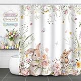 ZCHOMI Spring Easter Bunny Shower Curtain Cute Rabbits Floral Plant Butterfly Shower Curtain for Bathroom Waterproof Polyester Fabric Bath Curtain 72 x 72 Inch with 12 Hooks
