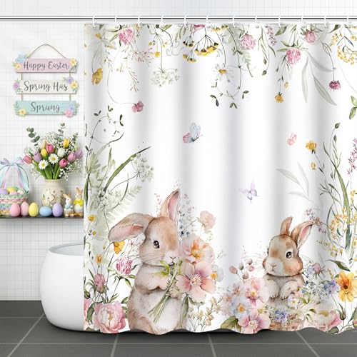ZCHOMI Spring Easter Bunny Shower Curtain Cute Rabbits Floral Plant Butterfly Shower Curtain for Bathroom Waterproof Polyester Fabric Bath Curtain 72 x 72 Inch with 12 Hooks
