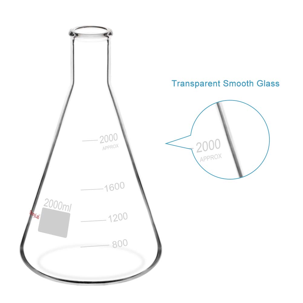 stonylab (2 Pack) 2000 ml Narrow Mouth Erlenmeyer Glass Flasks with Heavy Duty Rim, 2 L (2 Liter)