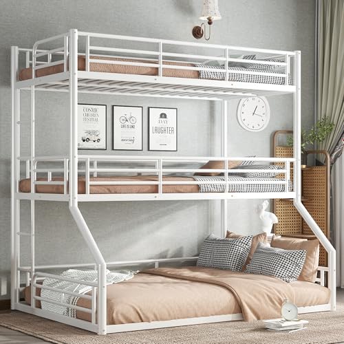 Image of Twin Over Twin Over Full Bunk Bed with Safety Guardrails, Modern Metal Triple Bed Frame for Kids, No Box Spring Required, White
