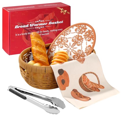 Bread Warmer Basket with Stone - Terracotta Bowl Keeps Bread Warm & Moist Includes Linen Liner and Clips Ideal Gift for Sourdough Bakers Housewarming & Weddings (Twig)