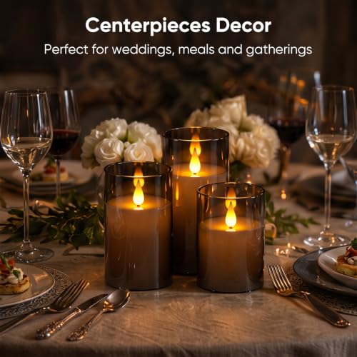 Image of Homemory Gray Flameless Candles, Battery Operated Acrylic LED Pillar Candles with Remote Timer, Realistic Flickering Fake Candles for Home Decor, Wedding, Party, Halloween Decorations, Set of 3