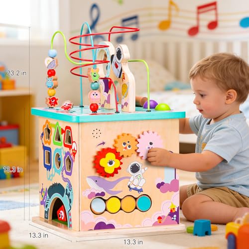 Image of Pre-Assembled 9 in 1 Large Wooden Activity Cube. Educational Learning Toy for Kids with Bead Maze, Shape Sorter and Music Gears and More. for Toddlers 18 M+. Birthday Gifts for Boys and Girls