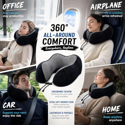 GoGumii Travel Neck Pillow, Soft Memory Foam Neck Support Pillow for Airplane Car Train Office, Ergonomic Cervical Pillow with Washable Cover, Portable Travel Pillow for Neck Pain Relief Black — view 6