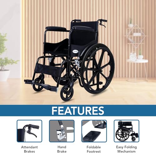 Image of Everactiv Everyday Economy with Attendant Brakes | Foldable Wheelchair with Safety Seat belt | Weight Bearing Capacity 120 kg | Sturdy Frame and Easy Foldable Mechanism