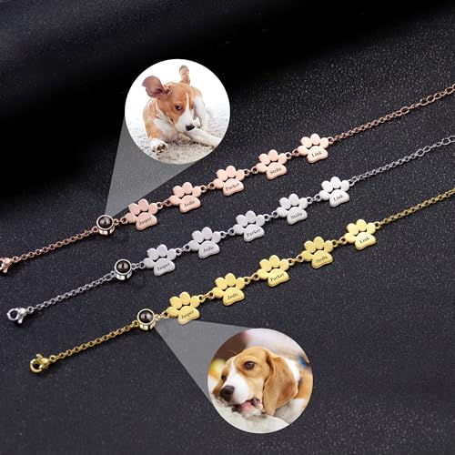 Aina Lighting Personalisiertes Fotoarmband mit Hundepfotenabdruck und Namen,Projektionsarmband mit Bild im Inneren, Schmuckgeschenke zum Gedenken an Haustiere für Frauen