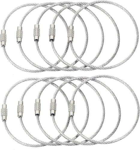 BlueCosto - Wire Keychain Cable - 10 PK 6.7 / 17cm - 2mm Thick Stainless Steel Keyring Wire Loops - Secure Screw Lock for Hanging Luggage Tags & Organizing Keys