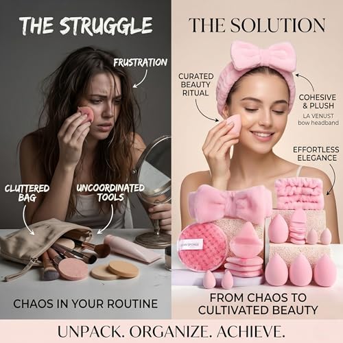 Image of 20pc Essential Makeup Sponge Kit Set - Soft-Touch Makeup Sponges for Cream & Liquid - Aesthetic Bow Spa Set & Wristbands - Under-Eye Precision Puffs & Blender Cleaner - Complete Beauty Organizer Kit for Girls & Women (Baby Pink Edition)