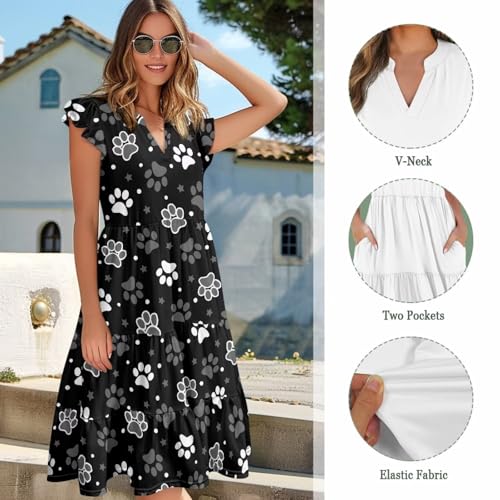 Image of Women's Casual Ruffle Sleeve Dress V Neck Pullover Dress Flowy A-Line Pleated Lightweight Dress with Pockets