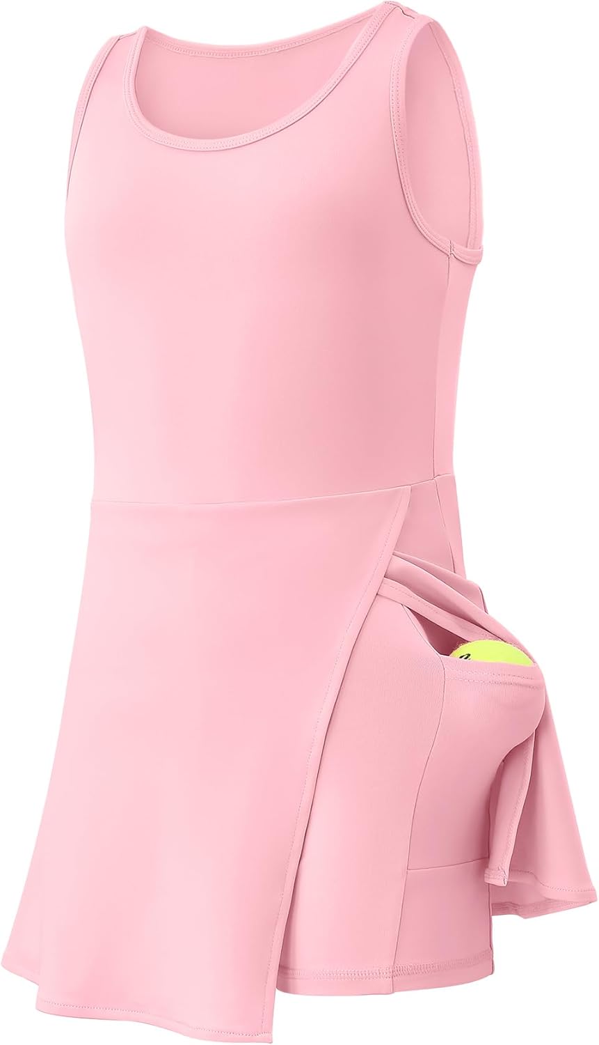 Little Girls Golf Tennis Sports Round Neck Sleeveless Athletic Active Dress with Safety Shorts and Pockets - Image 4