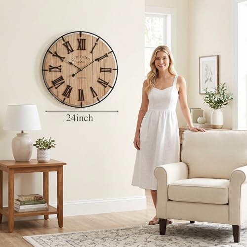 Image of EMAX HOME 24 Inch Large Farmhouse Wall Clock, Natural Wood Grain Face with Black Metal Frame, Silent Non-Ticking Quartz Movement, Vintage Wall Decor for Living Room, Bedroom, Dining Room