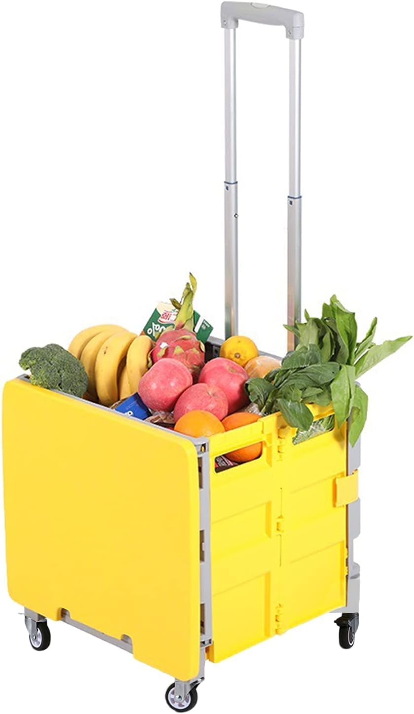 MuHadJiya Foldable Shopping Trolley Utility Cart Rolling with 4 Rotate Wheels for Home Shopping Luggage(Yellow)