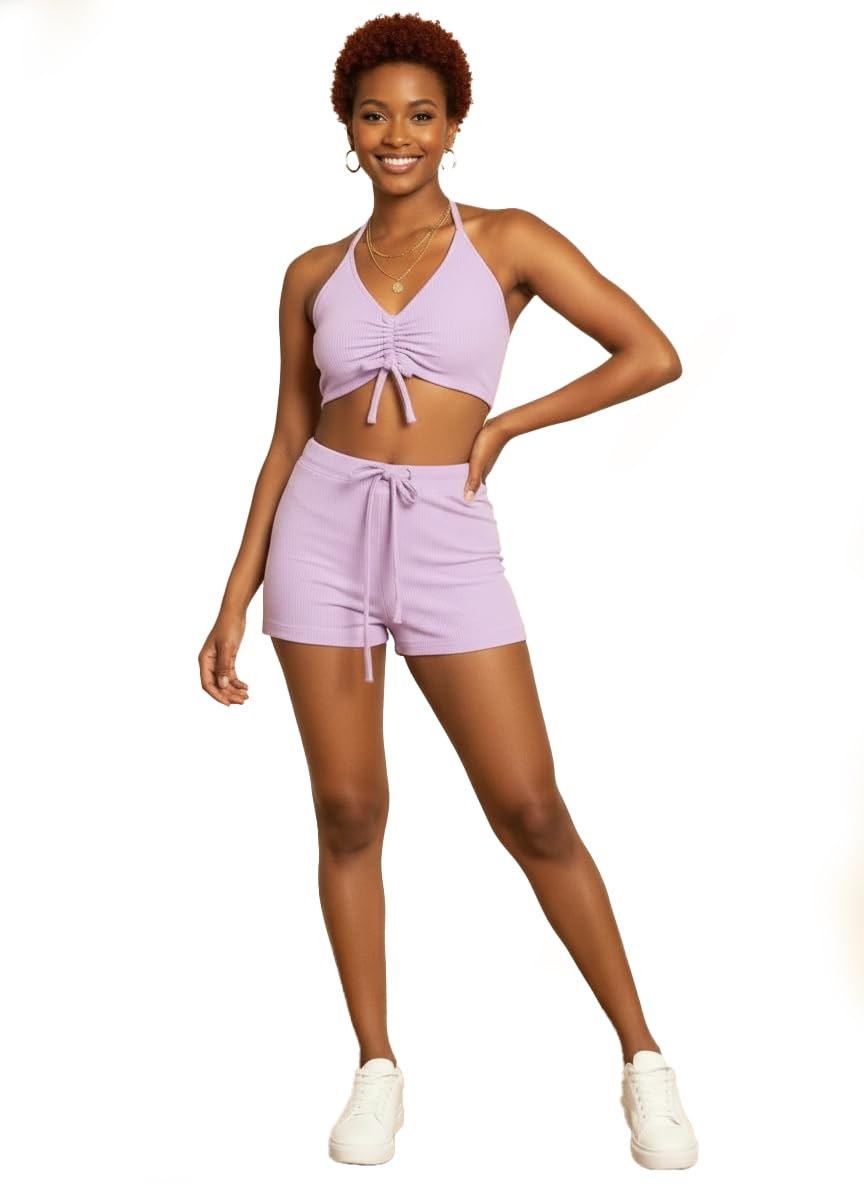 Women's Ribbed Halter Crop Top and Shorts Co-ord Set, Lavender, Ruched Front, Tie-Back-picture-27