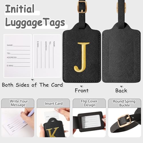 Image of Personalized Initial Luggage Tags for Suitcases, Cute PU Leather Embroidered Letter Travel Luggage Tags, Suitcase Identifier Name Baggage Tag, Bag Tags for Men Women Kids Luggage Handbags(Black J)