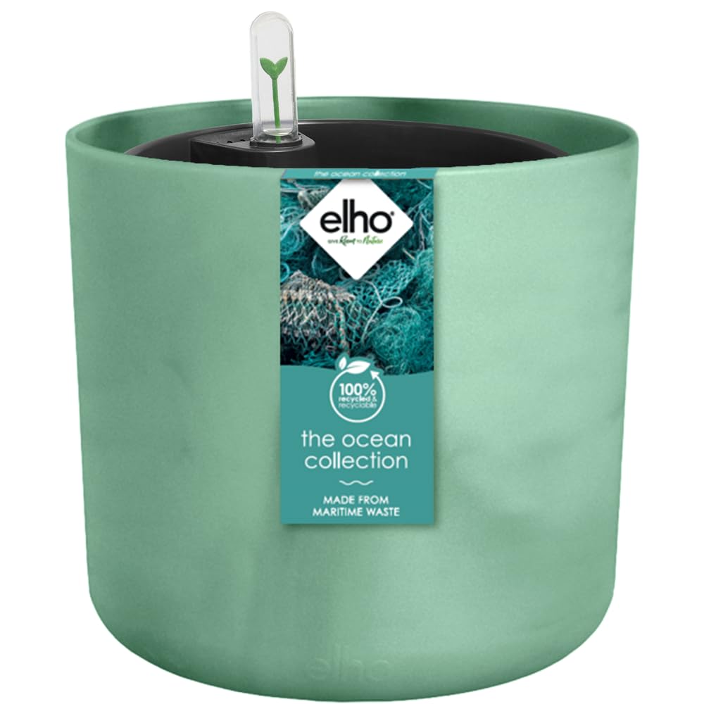 Elho Pacific Green The Ocean Collection Round 22 With Self-Watering Insert - Flowerpot With Watering Insert - 100% Recycled Plastic - Ø 22.3 X H 20.4 Cm - Green