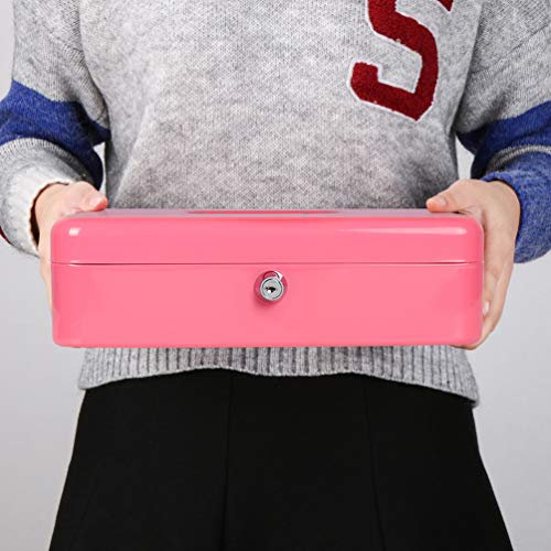 Cash Box with Money Tray and Key Lock, Parrency Large Money Box, 5 Compartments with Cover for Cions & 4 Spring-Loaded Clips for Bills, 11 4/5\" x 9 2/5\" x 3 1/2\", Pink