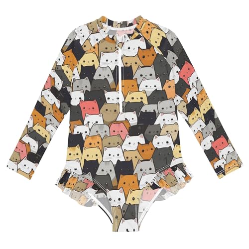 ALAZA Hipster Color Cat Kitten Girls One Piece Swimsuit Long Sleeve Rash Guard Swimsuits UV 50+ Swimwear Zipper