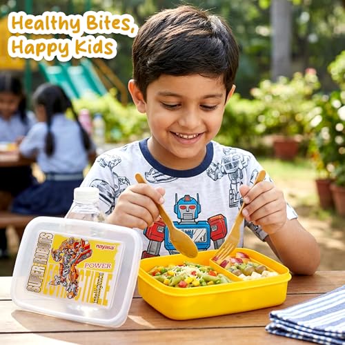 Image of Nayasa Ninja 2 Compartment BPA-Free Plastic Lunch Box for Kids Boys | Transformer Print | Leak Proof Push Lock | Yellow