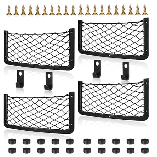 Omtofo 4 pièces Filet Rangement pour Voiture, avec Crochet, Élastique Filet de Rangement de Coffre, 36 x 18cm, Sac Pocket Organizer de Voiture pour Auto, Camping-Cars, Bateaux, Maison