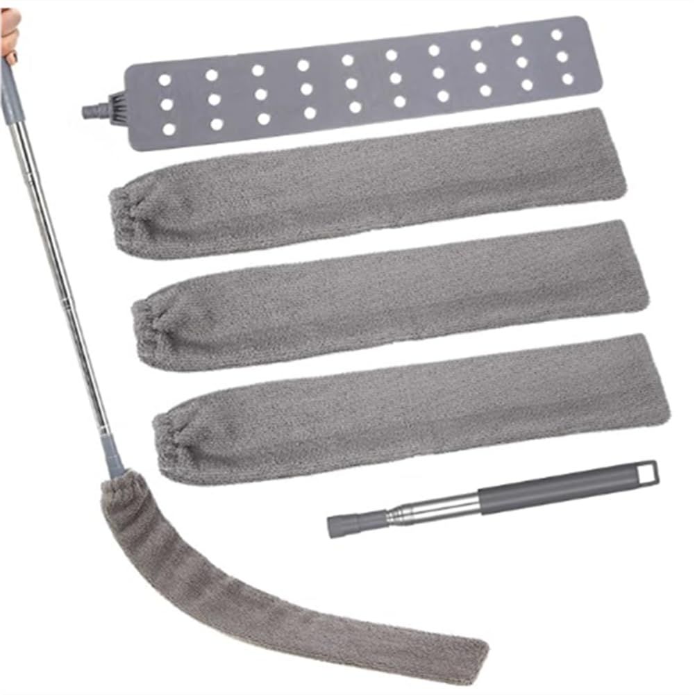 UDSKNV[KSL Retractable Dust Cleaner Microfiber Hand Duster with 3 Washable Cloths& Stretchy Corner Brush Broom