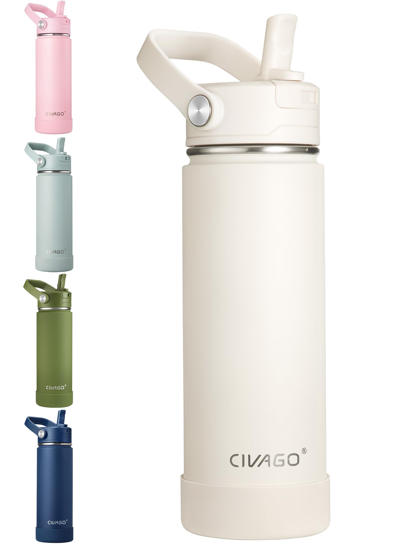 CIVAGO Insulated Stainless Steel Water Bottle with Detachable Straw, 500ml Metal Sports Drink Bottle with Bucket Handle, Leakproof Reusable Flask with Silicone Boot for School, Dishwasher Safe, Cream