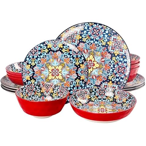 LIUYWYHCF Mandala Dinnerware Sets, Plates and Bowls Set, Porcelain Dishes (16 Pieces) Service for 4, Zanzibar, Bohemian Style Dining Ware, for Kitchen and Dining Multicolor Dinnerware Set, Red Cover