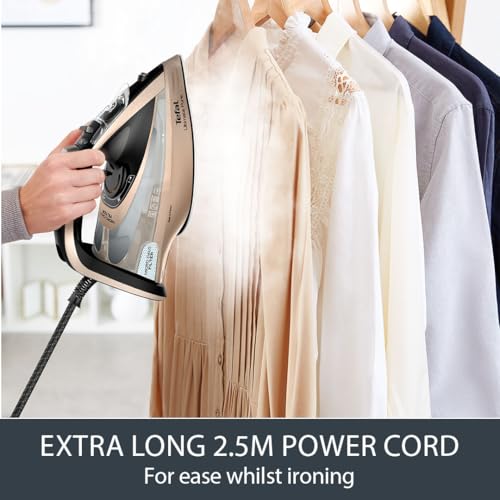 Tefal Ultimate Pure Steam Iron, 3100W, 300g/min Steam Boost, 350ml Water Tank, 2.5m Cord, Non-Stick Durilium Airglide Soleplate, Micro-Calc Filter, Anti Scale, Anti Drip, Black and Bronze FV9854G0